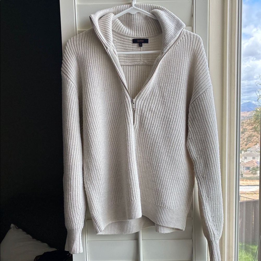 Quince Women's 100% Merino Wool Cream Ribbed 1/4 Zip-Up Sweater